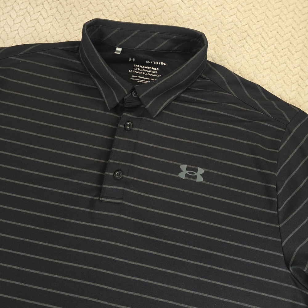 Under Armour Playoff Polo Mens XL Black Grey Striped Golf Shirt Loose Fit